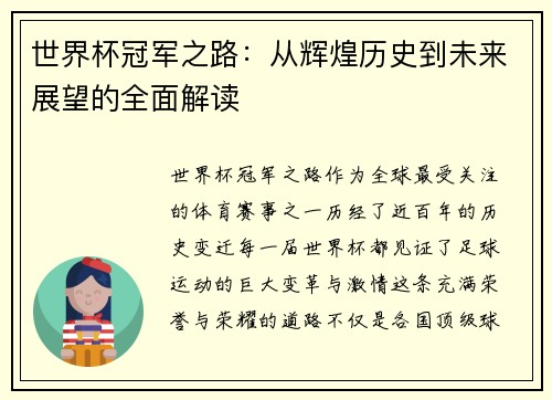 世界杯冠军之路：从辉煌历史到未来展望的全面解读